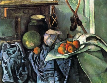 Impressionismus Stillleben Werke - Stillleben mit einem Ingwer Glas und Auberginen Paul Cezanne